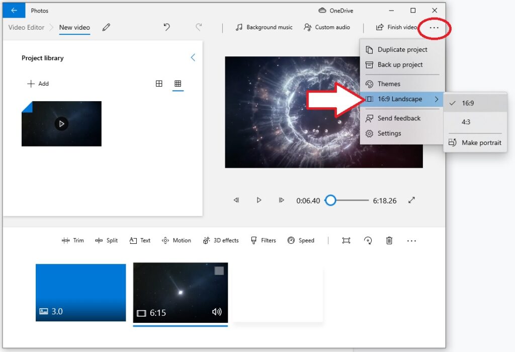 crop and resize video in windows video editor - select size