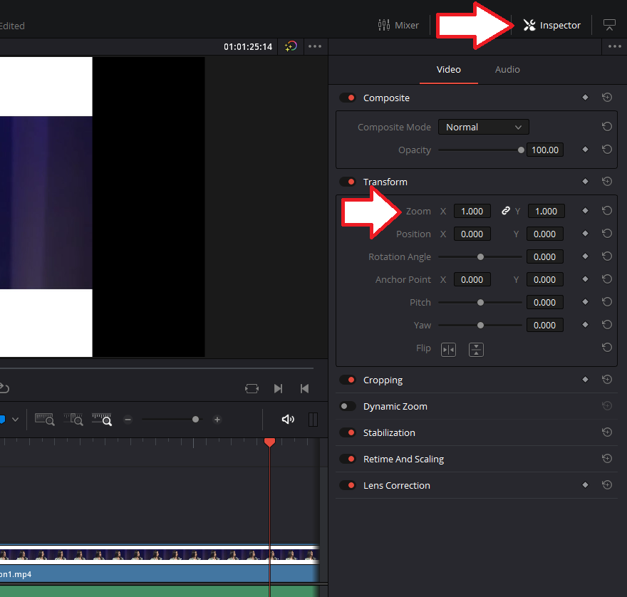 Transform to zoom cut video in resolve